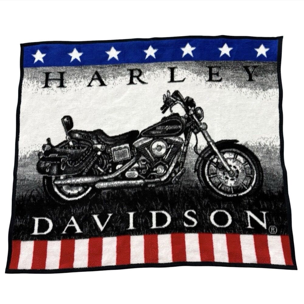 Vintage 90s Harley Davidson Biederlack Blanket Throw USA Flag Motorcycle 58x50